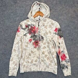 Vintage Lucky Brand Dragon Floral Hoodie Sweatshirt Womens Medium Y2k Asian Rare